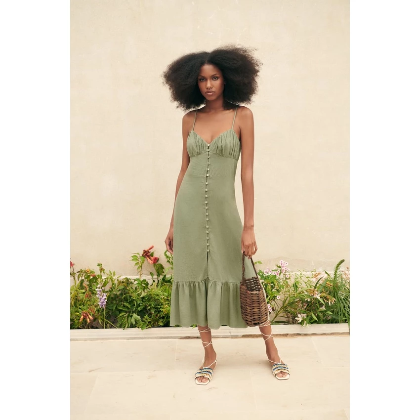 (Size M) ZARA Đức - Đầm midi maxi dài hai dây cổ V đũi pha viền xòe cúc cài màu xanh lá sale auth new có sẵn 7980/939