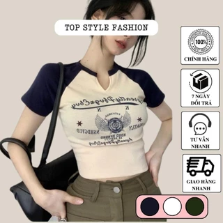 Áo croptop ngắn tay cổ V in hình và chữ độc đáo, áo kiểu nữ ôm body cổ phối màu với tay siêu tôn dáng-A27