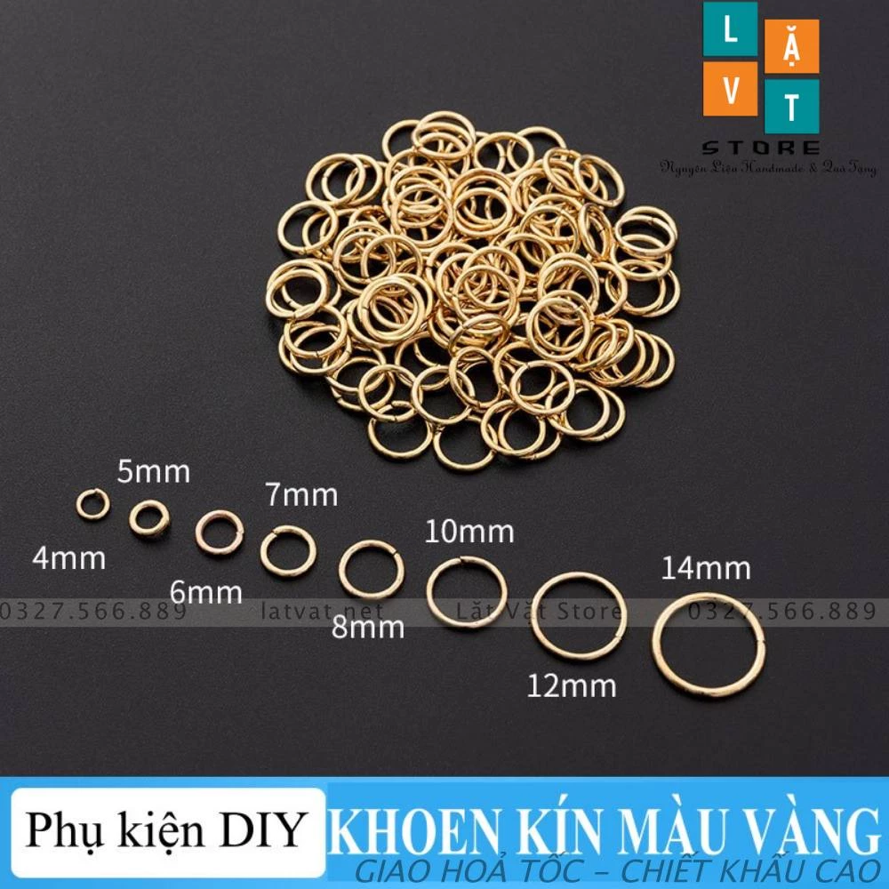 Khoen tròn kín màu vàng nhiều kích thước làm phụ kiện handmade, DIY, vòng kết nối dây chuyền, trang sức