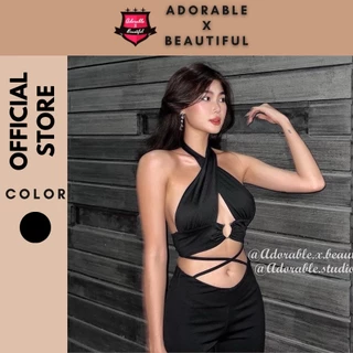 [Ảnh Thật] Áo Croptop Kiểu Đen Chéo Cổ, Áo Thun Kiểu Đen Trơn Có Khuyên Sexy Hở Ngực [AdorablexBeautiful]