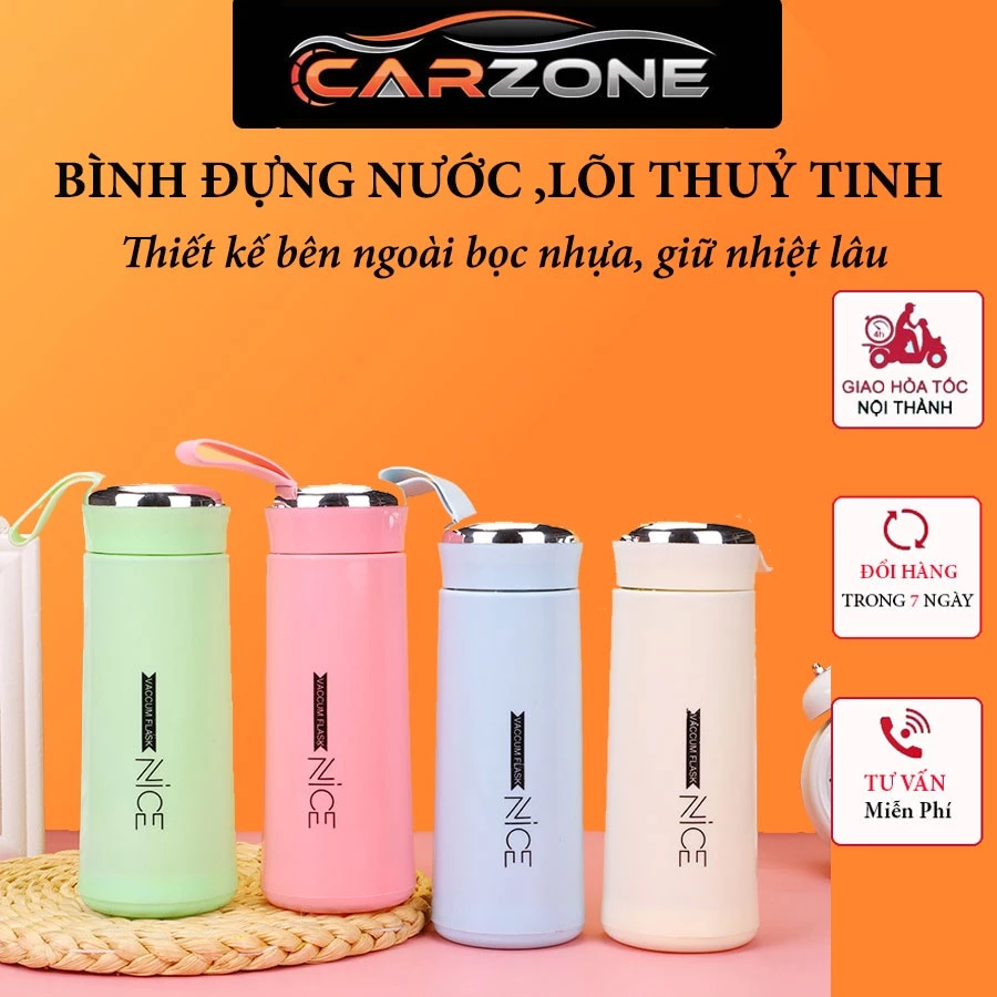Bình Nước Lõi Thủy Tinh Bọc Nhựa, Kèm Dây Xách NICE 400ml Thích Hợp Đi Du Lịch, Tập Thể Dục, Để Ô Tô
