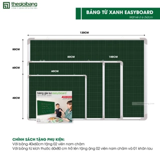 Bảng Từ Xanh Kẻ Ô Ly 2x2cm Easyboard - Tân Hà - Bảng Luyện Chữ - KT 60x80cm, 60x100cm, 80x120cm - Tặng Phụ Kiện