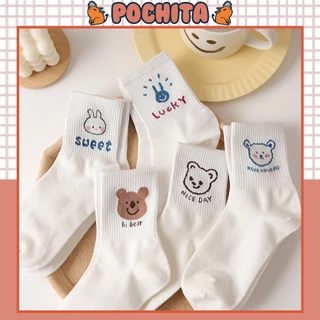 Tất Cổ Cao Nữ Trắng In Hình Gấu Thỏ Cute Xinh Xắn Phong Cách Hàn Quốc, Vớ Cao Cổ Nữ Cotton Họa Tiết Hoạt Hình Đáng Yêu