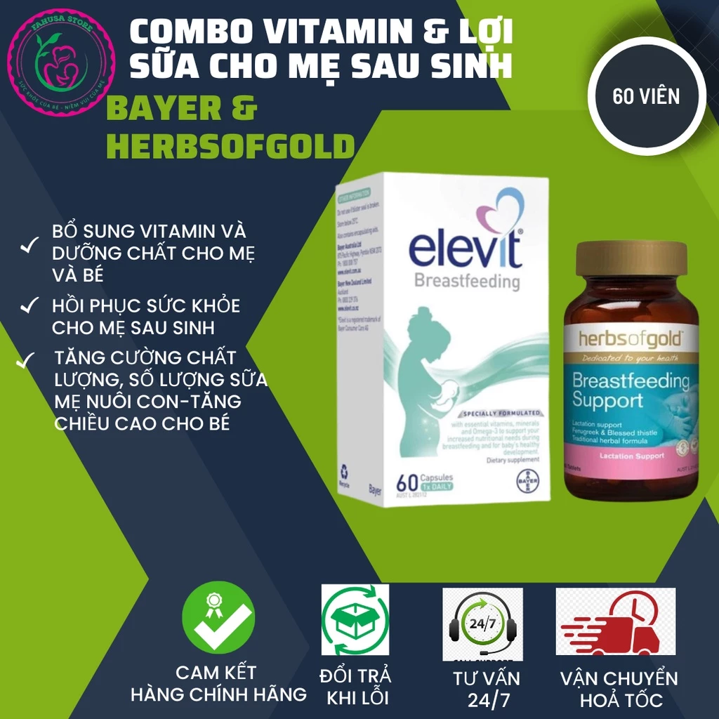 Combo mẹ sau sinh (Elevit Lợi sữa HERBSOFGOLD) DATE 2026