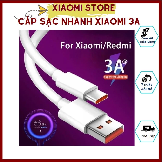 Cáp sạc nhanh 33w (3A), cáp sạc nhanh xiaomi, cáp sạc nhanh turbo Redmi note 11, Redmi note 10, 9,8, Poco. Bảo hành 6 Th