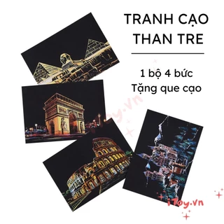 Tranh cạo than tre hàn quốc khổ A5, bộ 4 tranh cào tự hoàn thành kiến trúc