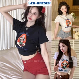 Áo croptop nữ thiết kế form body sexy áo thun kiểu cổ tròn tay ngắn họa tiết in siêu cute Lch