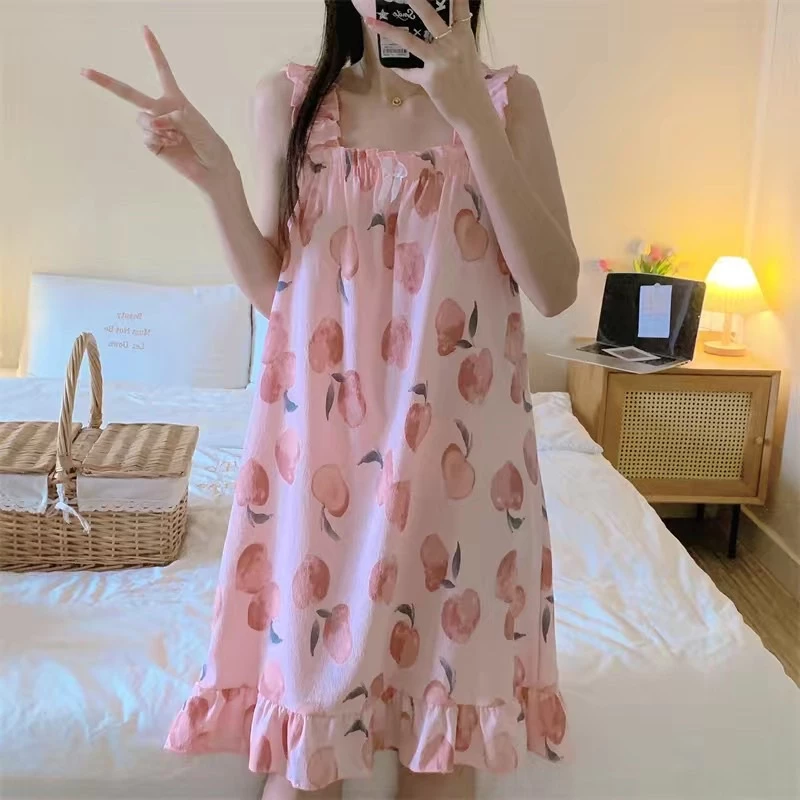 váy ngủ hai dây bản to hình trái đào mộng mơ tươi mới nhún bèo phù hợp mùa hè