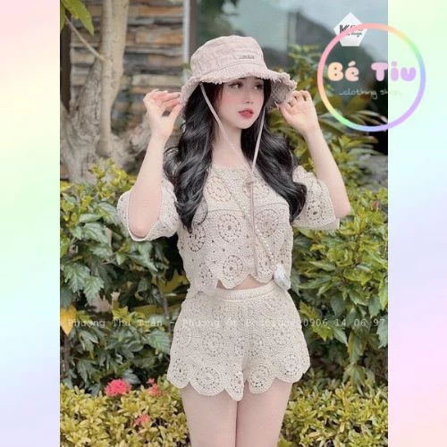 Set Ren Quần Short Áo Croptop Tay Ngắn Chất Ren Mềm Mại Họa Tiết Nhã Nhặn Có Lót Quần Bên Trong | Bé Tiu Clothing