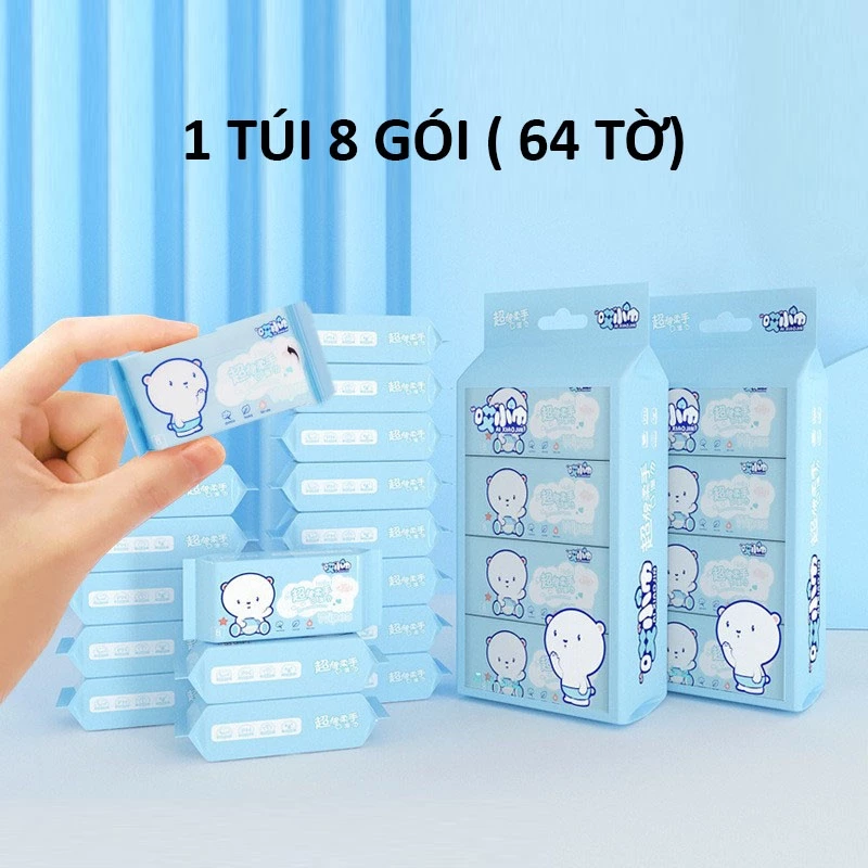Khăn Giấy Ướt Mini 1 TÚI 8 GÓI (64 KHĂN) Bỏ Túi Không Mùi Cho Bé, Tẩy Trang, Lau Tay Mềm Mại Đa Năng Tiện Dụng
