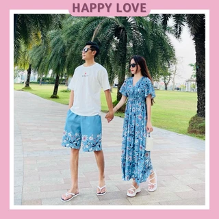 Đồ đôi đi biển nam nữ HAPPYLOVE set đồ cặp váy nữ bộ nam đi bơi hoạ tiết hoa lá H054