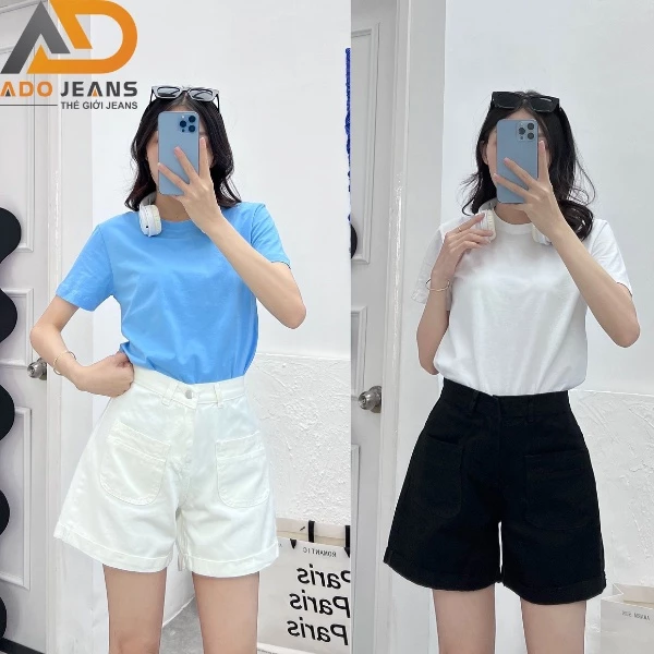Quần short jean nữ  lưng cao ống rộng phối 2 túi kiểu xinh xắn Trắng-Đen ADO JEAS
