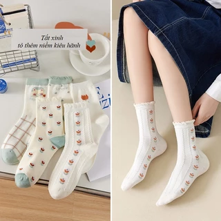 Set 5/10 Đôi Tất/Vớ Cao Cổ Chất Liệu Cotton Style Hàn Quốc Siêu Xinh