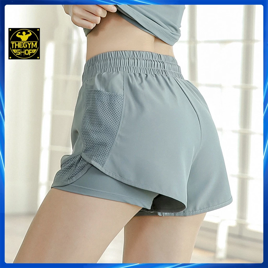 Quần đùi tập gym yoga chạy bộ 2 lớp AMIN AM066 phối lưới có túi đựng điện thoại quần short nữ vải thoáng mát