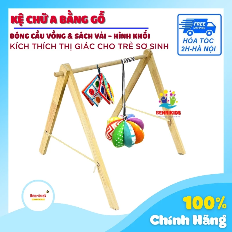 Combo Đồ Chơi Sơ Sinh Kệ Gỗ Treo Nôi, Bóng Múi Cầu Vồng Luyện Chân, Sách Vải Mini Cho Bé Tăng Cường Khả Năng Vận Động