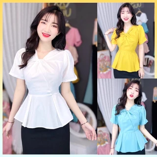 [A012] Áo sơ mi kiểu nữ peplum kate lụa CỔ XOẮN NGỰC và chun lưng giấu bụng hiệu quả - L2M