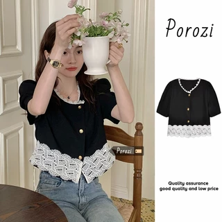 Porozi Áo croptop Sơ Mi Ngắn Viền Ren Phong Cách retro Thời Trang Mùa Hè Dành Cho Nữ