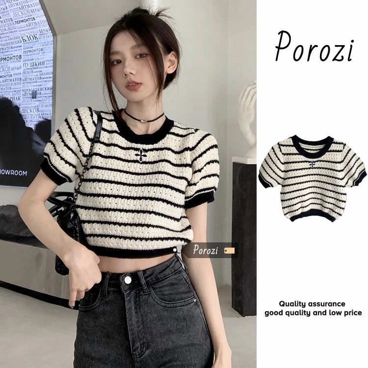 Porozi Áo croptop Dệt Kim Ngắn Tay Dáng Rộng Họa Tiết Kẻ Sọc Nhiều Màu Sắc Phong Cách Hàn Quốc Thời Trang Cho Nữ