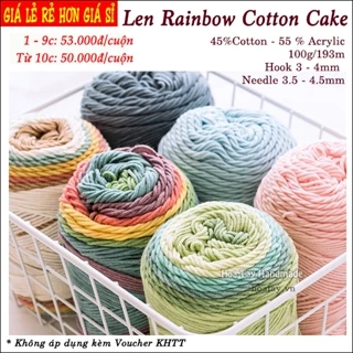 Len Rainbow Cotton Cake- Len đan móc khăn, nón thời trang, tông màu loang độc đáo.