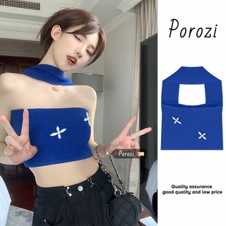 Porozi  Áo croptop dệt kim  hai dây hở lưng màu đen phong cách thời trang Hàn Quốc cho nữ