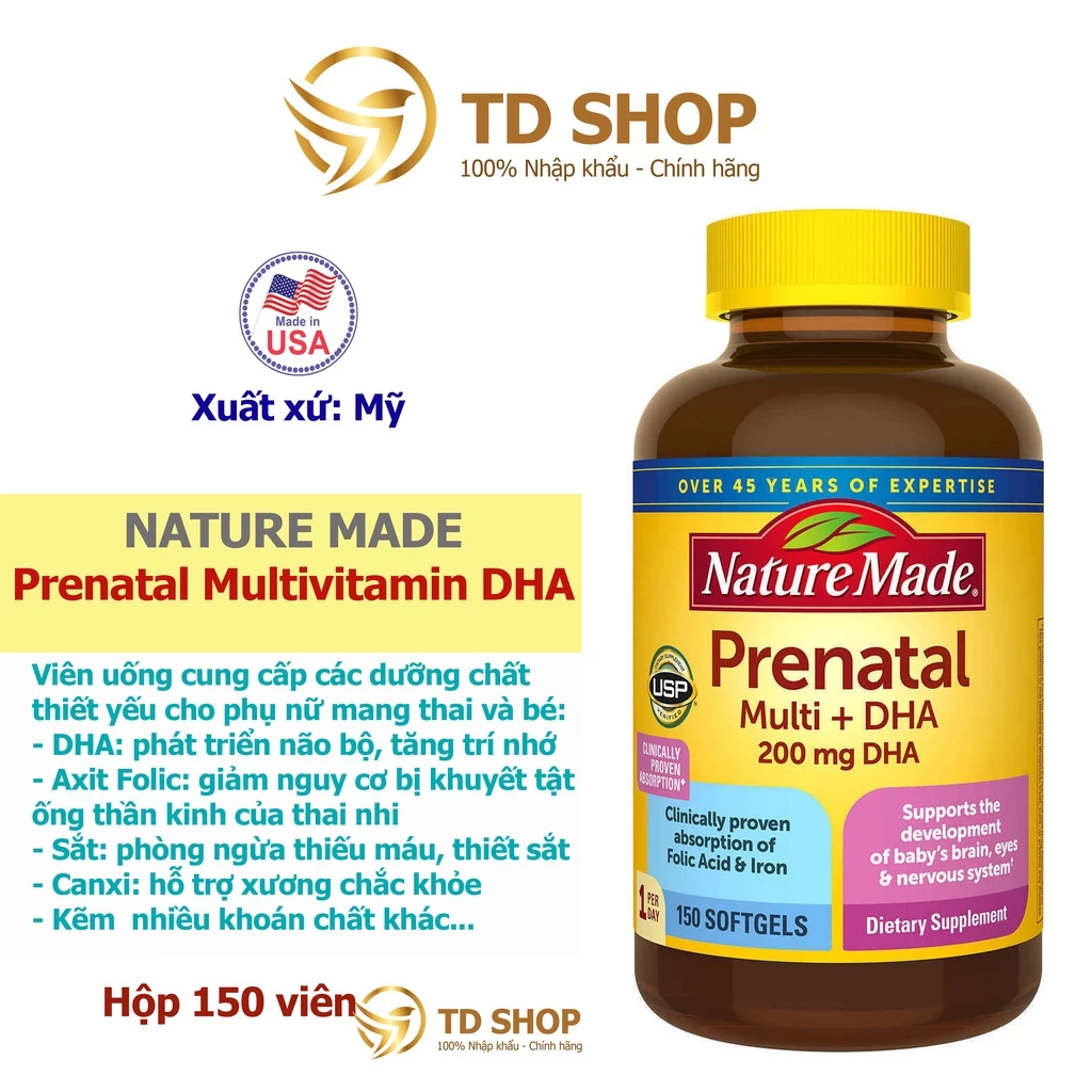 [NK Mỹ] Vitamin tổng hợp cho bà bầu Nature Made Prenatal Multi + DHA - Vitamin 150 viên Extaste - TD Shop