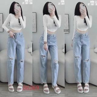 HV - Quần Baggy Jean Rách Cá Tính Màu Xanh Nhạt Cạp Cao Tôn Dáng Mã 504/b100