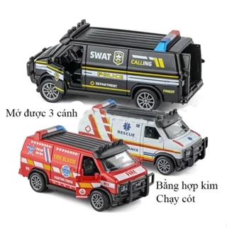 Đồ chơi mô hình xe ô tô cảnh sát, cứu hỏa, cứu thương bằng hợp kim chạy cót mở được 3 cánh cửa