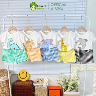 Đồ Bộ Bé Trai, Bé Gái Minky Mom Vải Thun Lạnh Họa Tiết Voi Xanh Quần Kẻ, Bộ Quần Áo Cộc Tay Cho Bé Mặc Nhà MKM313