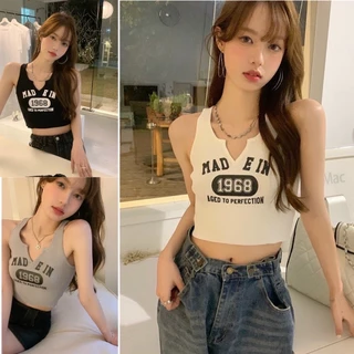 Áo bra nữ, Áo ba lỗ croptop không gọng có sẵn đệm ngực cổ V in chữ hottrend BR1968