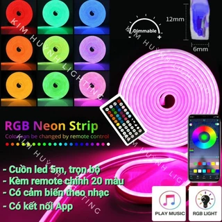 Bộ đèn Led neon dài 5m (6x12)mm đổi màu RGB chỉnh APP nháy theo nhạc kèm remote