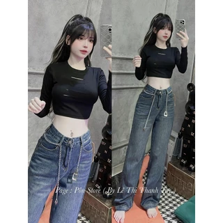 áo croptop tay dài cắt ngực hở sexy chất bozip thun