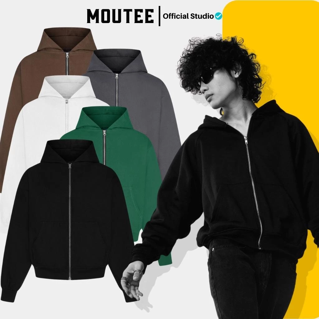 Áo hoodie zip boxy trơn unisex nỉ ngoại local brand - Áo khoác nỉ dây kéo form crop trơn nam nữ 5 màu  - MOUTEE.SG