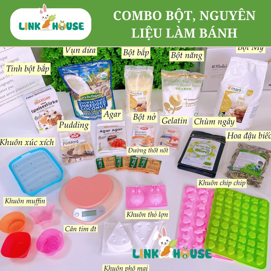 Combo Bột Nguyên Liệu Làm Bánh Hữu Cơ Bữa Phụ Cho Bé, Bột Mì, Bột Bắp, Bột Nở, Gelatin