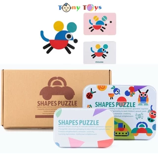 Đồ chơi ghép hình Shapes Puzzle chất liệu bằng gỗ, 36 chi tiết,60 thẻ hình, hộp thiếc _ Giáo dục sớm