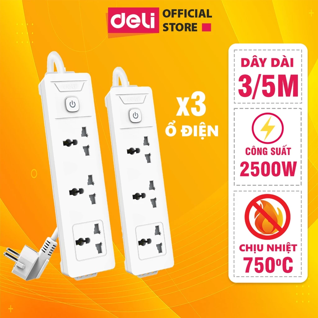 Ổ Điện 3 Chân Đa Năng DELI Dây 3m/5m Độ Bền Cao Tiện Dụng, An Toàn Dùng Trong Gia Đình Văn Phòng