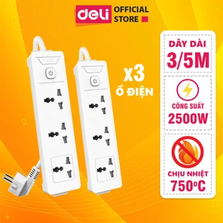 Ổ Điện 3 Chân Đa Năng Deli - Chiều Dài Dây 3m/5m Độ Bền Cao Tiện Dụng, An Toàn Dùng Trong Gia Đình Văn Phòng ET401 ET402