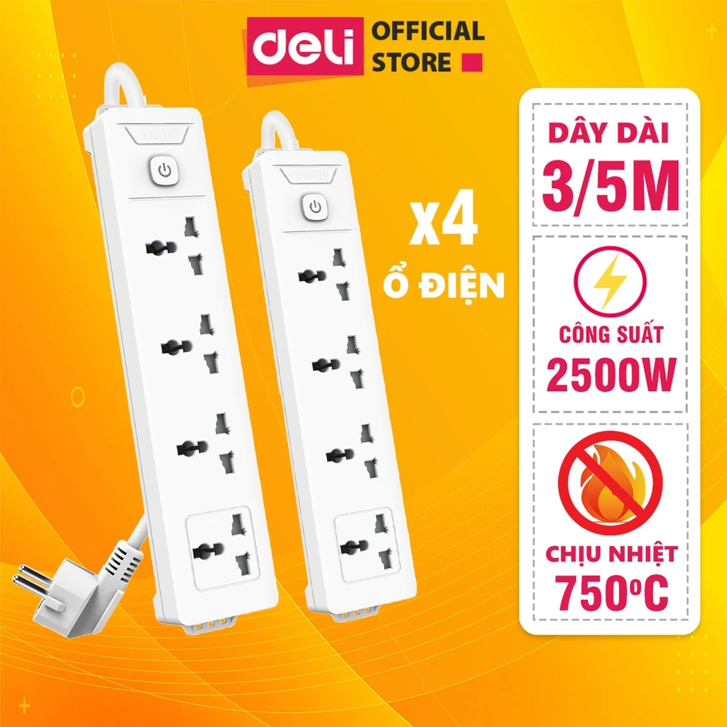 Ổ Điện 3 Chân Đa Năng Deli - Chiều Dài Dây 3m/5m Độ Bền Cao Tiện Dụng, An Toàn Dùng Trong Gia Đình Văn Phòng ET403 ET404