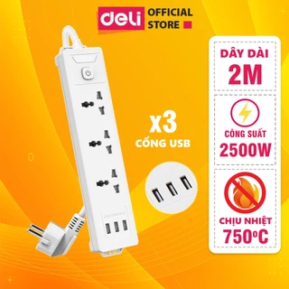 Ổ Điện 3 Chân Đa Năng Kèm Cổng USB DELI - Ổ Cắm Điện Dài 2m/3m Độ Bền Cao Tiện Dụng, Công Suất 2500W