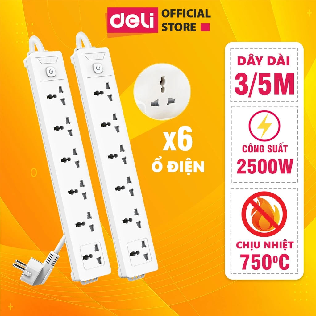 Ổ Điện 3 Chân Đa Năng DELI - Ổ Cắm Điện Nhiều Ổ Chiều Dài Dây 3m/5m Độ Bền Cao Tiện Dụng, An Toàn