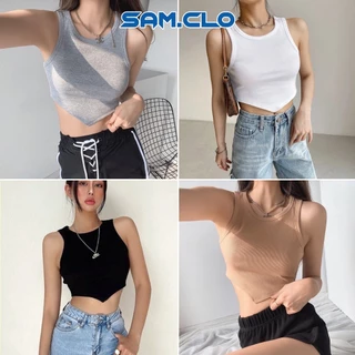 Áo thun Croptop nữ SAM CLO freesize kiểu dáng ôm body cổ tròn ba lỗ sexy TRƠN VẠT NHỌN SÁT NÁCH