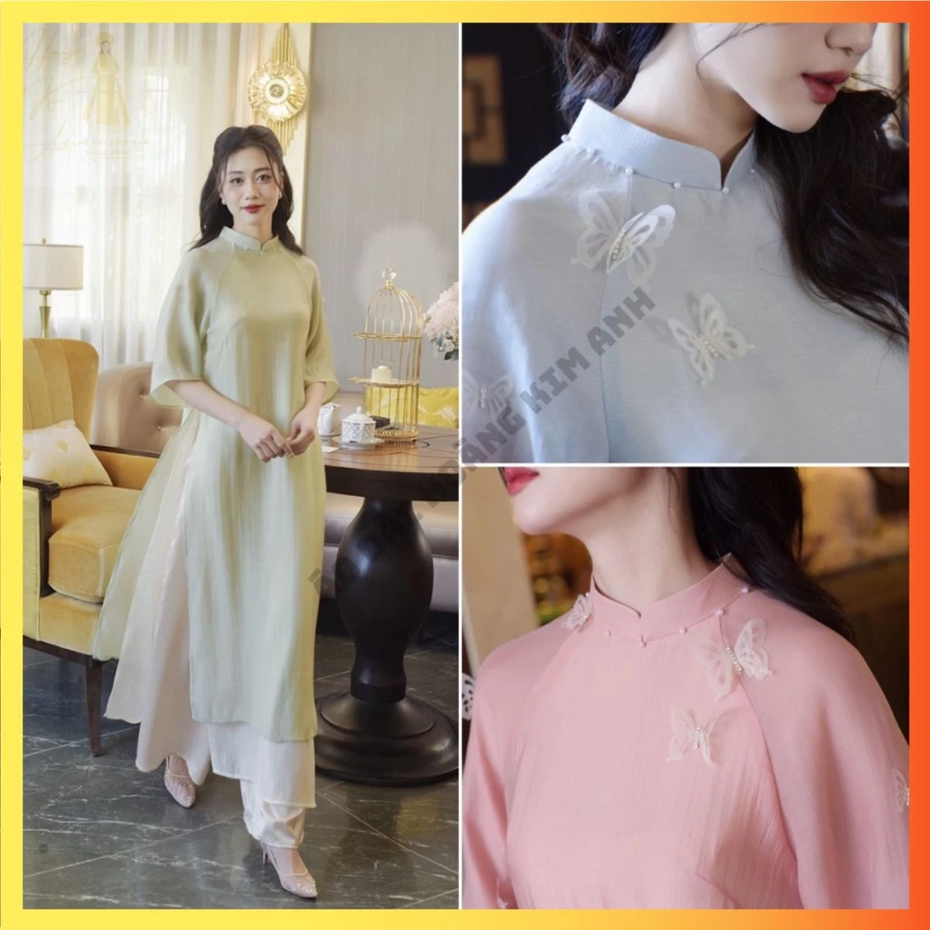 ÁO DÀI CÁCH TÂN 4 TÀ DÁNG SUÔNG NỮ TRƠN THIẾT KẾ CỔ ĐÍNH NGỌC áo dài trơn phi bóng, áo dài lụa thêu hoa