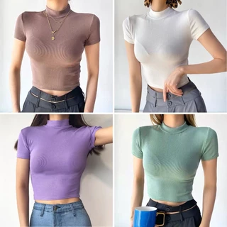 Áo Croptop Tay Ngắn Cổ Cao 5Cm Chất Thun Co Giãn Siêu Thoải Mái Cực Dễ Thương -A36