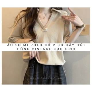 [ HOT Trend] Áo sơ mi polo cổ V có dây dút hông vintage cực xinh PL