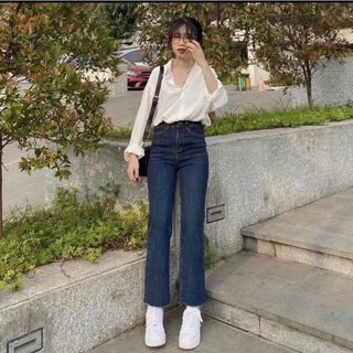 Quần Jeans Nữ Ống Suông bigsize Nữ Có 2 Màu Xanh Đậm_Nhạt, Lưng Siêu Cao, Co Giãn tốt