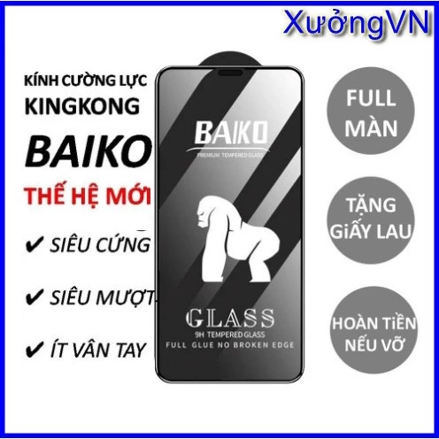 Kính Cường lực Baiko Full màn Oppo A5 A9 2020 A52 A53 A54 A55 A57 A16 A16k A17 A17k A93 A94 A95 Reno 4 5 6 6z 7 7z 8 8z