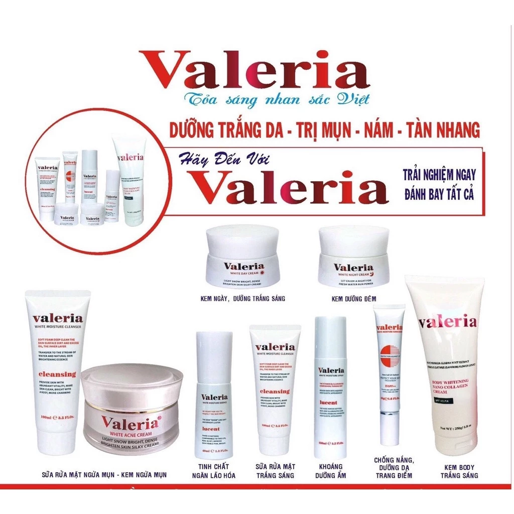 [Hàng Cty] Bộ chăm sóc ngừa mụn, hỗ trợ mụn Valeria White Acne / White Moisture (Sữa rửa mặt và kem dưỡng)