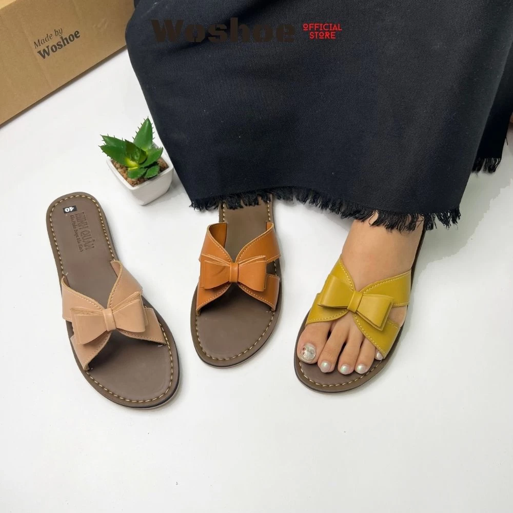 Dép lê nữ đế bệt quai ngang nơ WOSHOE big size 34-42 WD018