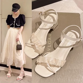 GIÀY SANDAL CAO GÓT MNS70 NỮ ĐÊ VUÔNG 3.5P GÓT ĐEN MÀU ĐEN, TRẮNG SANG CHẢNH, QUÝ PHÁI