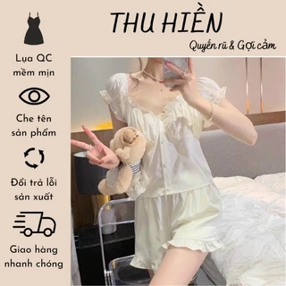 Mã 302 - Bộ ngủ bánh bèo tiểu thư cúc bọc vải mẫu mới- bộ ngủ lụa mặc nhà cao cấp ( có tặng kèm mút )