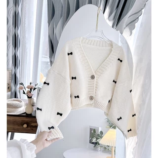 Áo len cardigan croptop gắn nơ đen,hồng,xanh